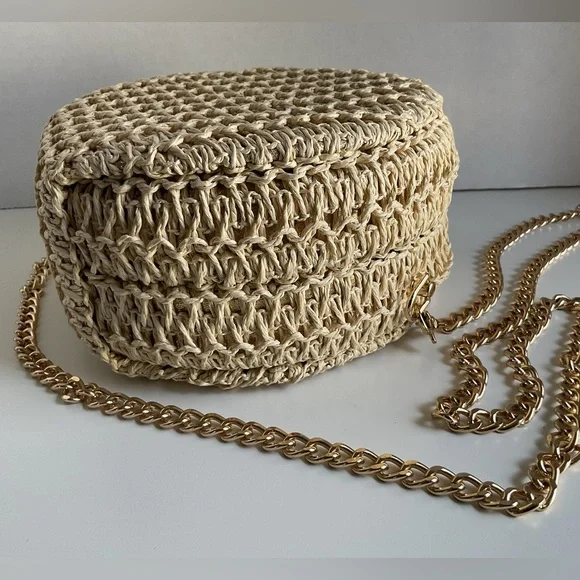 Haute Hippie Woven Raffia/Straw Crossbody Bag Gold Chain Strap - Picture 6 of 16
